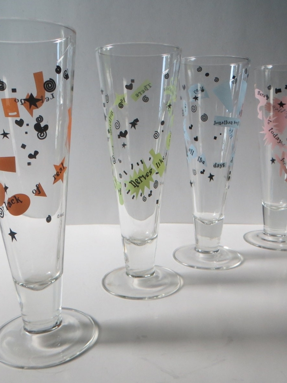 Vtg Decorative Glassware Set - Orange, Green,Blue, Pink Accent Pilsner Flutes 9"